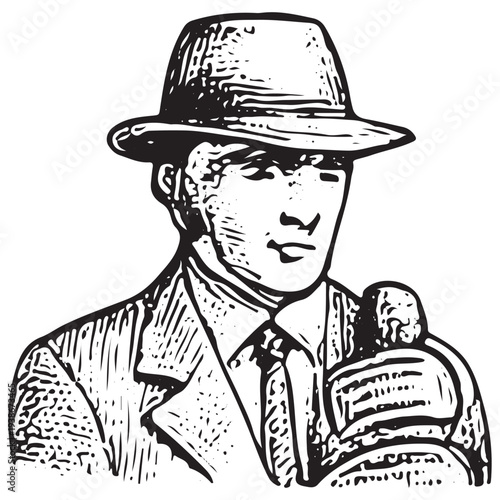 Vintage Field Reporter with Microphone Engraving Illustration Journalism Interview Correspondent
