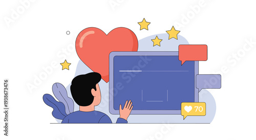 User engagement and brand loyalty concept with a person interacting with content on a computer screen receiving likes and praise.