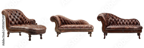 Set of Premium vintage leather divan with detailed button tufting and textured surface, centered composition, commercial furniture on transparent png background. Ai generated