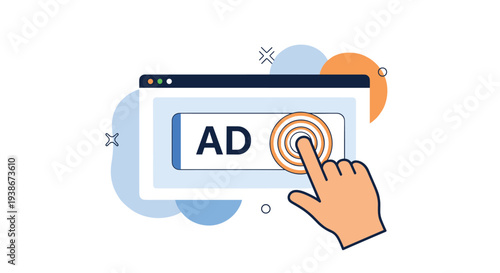 Pay-per-click advertising concept with a hand cursor clicking on a digital ad banner in a web browser for online marketing.