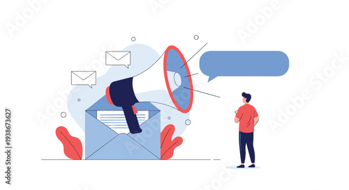Email marketing announcement campaign with a megaphone coming out of an envelope to communicate a message to a person.