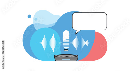Smart speaker with voice assistant technology processing a command with a sound wave and a microphone for home automation.