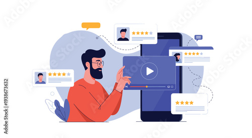 Man watches a video on a smartphone and interacts with customer reviews and ratings for social proof and product research.