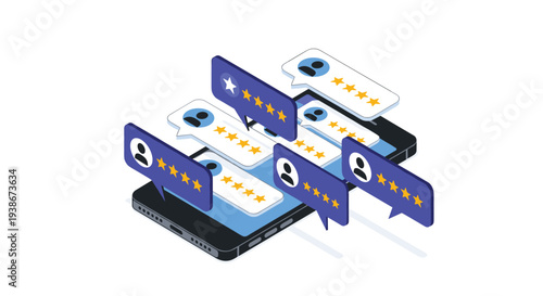 Isometric view of online reputation management with customer reviews and star ratings displayed on a smartphone screen.
