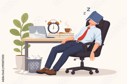 Tired Businessman Sleeping at Office Desk with Book on Face, Overworked Employee Procrastinating and Napping During Work Hours, Afternoon Slump, Burnout, Laziness and Boredom Concept Vector Art