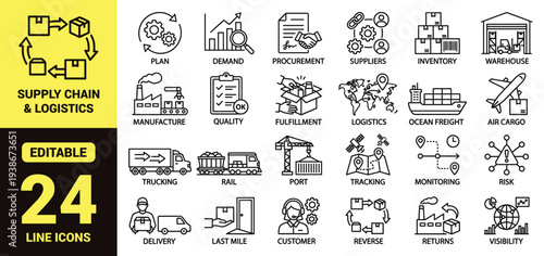 Supply chain and logistics icon set with planning, demand, procurement, manufacturing, freight, warehousing, delivery, visibility, and essential supply chain ranking symbols in clean modern line‑art