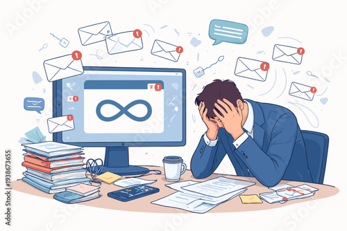 Stressed Businessman Overwhelmed by Email Overload and Digital Communication at Desk, Exhausted Man Suffering from Burnout and Anxiety due to Infinite Messages and Work Pressure Vector Art