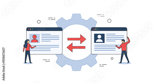 Data migration or information exchange concept with a man and woman moving user profiles between two browser windows.