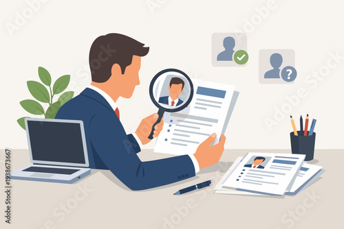 HR Manager Reviewing Candidate Resumes with Magnifying Glass for Recruitment and Hiring Process, Professional Human Resources Specialist Searching for Talent and New Employment Opportunities