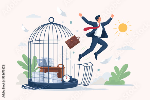 Businessman Jumping Out of a Birdcage to Escape a Toxic Workplace and Start a New Career, Concept of Freedom, Resignation, Quitting a Job, Work-Life Balance, and Breaking Free from Corporate Stress