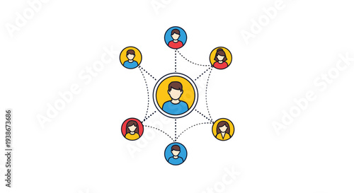 Social network or community connection concept showing a central user profile linked to a diverse group of other people.