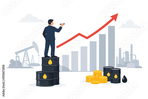 Businessman standing on crude oil barrels drawing a rising red arrow on a bar chart representing global oil price growth, energy market recovery, high demand for gasoline, and economic success.