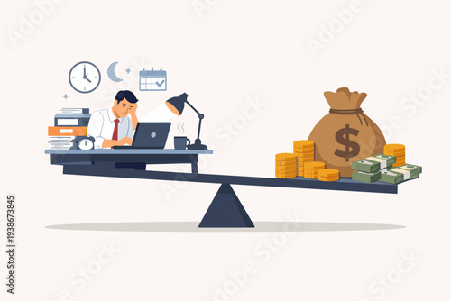 Overworked businessman working late at night on laptop at desk balanced against large bag of money and coins on scales, concept of high salary, income incentive, and work-life balance stress.