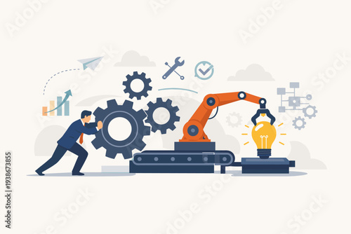 Businessman pushing gears to power robotic arm holding lightbulb for innovation, efficiency, and system development concept, representing business growth, creative solutions, and automation.