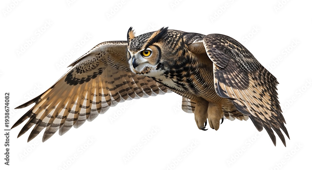 Fototapeta premium Majestic owl in flight with wings spread, isolated on white background