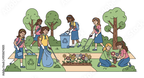 A group of Girl Scouts cleaning up a park with trash bags and recycling bins on National Girl Scout Day
