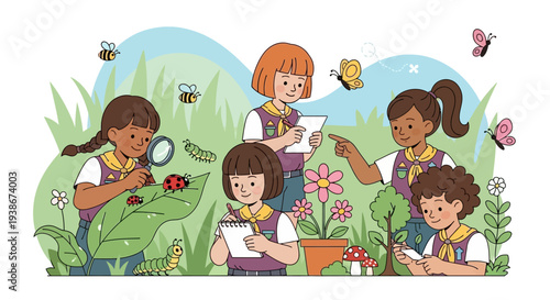 A group of Girl Scouts explore nature with magnifying glasses and notebooks on National Girl Scout Day in a vibrant outdoor setting