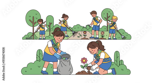 Illustration of Girl Scouts engaging in outdoor activities like planting flowers and cleaning up nature