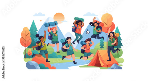 A vibrant illustration of children celebrating National Girl Scout Day through outdoor activities like camping and hiking in a colorful natural setting