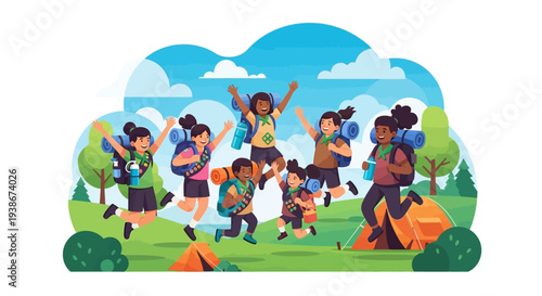 Vector illustration of a joyful group of children celebrating National Girl Scout Day while camping in a lush green forest with trees and clouds