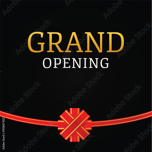 Grand Opening Banner Design with Red Ribbon and Black Background