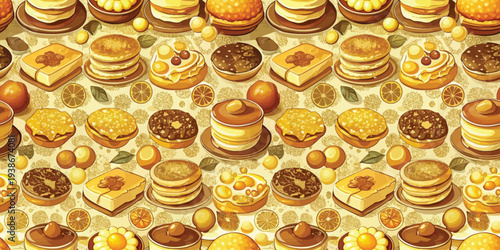 Assorted baked goods and pastries arranged in a colorful, appetizing pattern Vector
