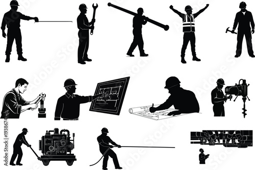 Silhouette illustrations of various workers and professionals in different occupations and activities