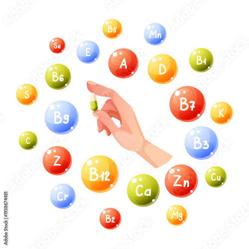 Hand holding vitamin capsule surrounded by vitamins and minerals bubbles