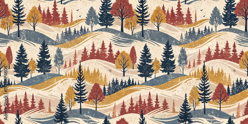 Autumn forest landscape with winding rivers and colorful trees pattern Vector