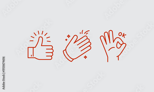 A series of hand drawn reddish brown illustrations depicting positive hand gestures and symbols