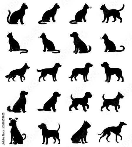 Cat and dog silhouette set, black vector pet animal figures showing different poses and profiles on transparent background