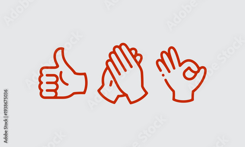Four orange line art illustrations depicting different hand gestures on a light gray background