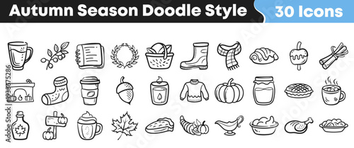 A charming collection of thirty hand-drawn doodle style icons depicting essential elements of the cozy autumn season, perfect for various creative fall designs.