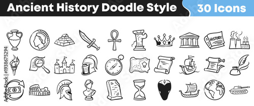 Collection of thirty hand drawn doodle style icons representing various significant elements from ancient history civilizations and timelines