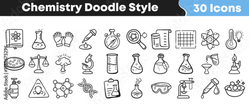 A collection of hand-drawn chemistry doodle style icons illustrating various scientific experiments and laboratory equipment for educational and research purposes.
