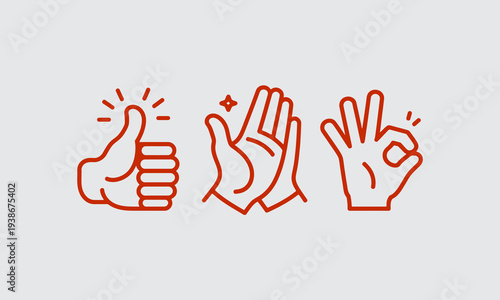 A series of hand gestures are depicted in a simple orange line art style on a light gray background