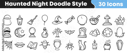 A collection of thirty spooky haunted night themed icons presented in a cute hand drawn doodle style for holiday designs.