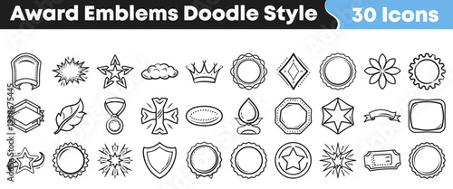 Collection of thirty hand drawn doodle style award emblems badges ribbons crests and certification icons for design projects.