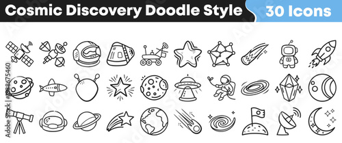 A collection of charming hand-drawn cosmic discovery and space exploration icons in a playful doodle style, perfect for science, astronomy, and adventurous design projects.