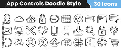 A collection of thirty hand drawn doodle style application control icons perfect for creative user interface designs