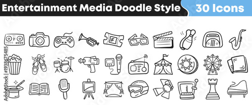 A comprehensive set of thirty hand-drawn entertainment and media doodle style icons perfect for creative projects, web design, apps, and digital illustrations.