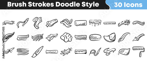 Thirty hand drawn doodle style icons depicting various artistic brush strokes ink smears and design elements