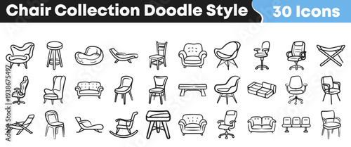 This extensive collection of hand-drawn chair icons, presented in a playful doodle style, is perfect for illustrating diverse seating arrangements and modern furniture designs.