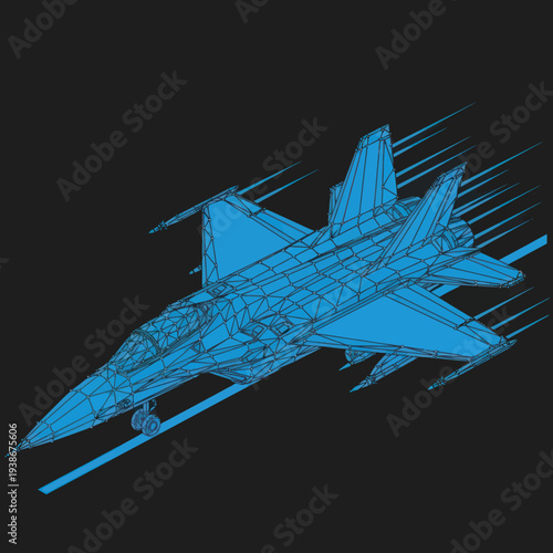 Fighter Jet Illustration in Blue Holographic View.