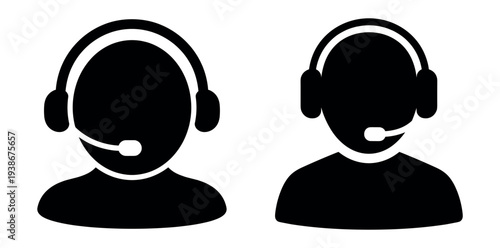 Customer support headset operator icons vector illustration, call center service avatars on transparent background
