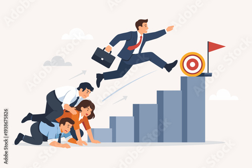 Career competition and job promotion concept with a selfish businessman jumping over his colleagues to reach the target goal on top of a staircase. Unfair advantage in the corporate business world.
