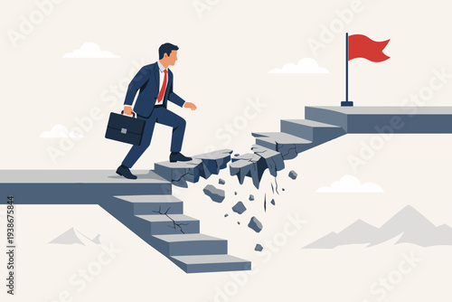 Businessman in Suit Climbing Broken Stairs to Reach Red Flag Goal, Concept of Career Path Obstacles, Business Risk Management, Challenge to Achieve Success, Leadership Overcoming Crisis and Failure