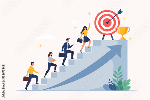 Business People Climbing Stairs to Achieve Career Target and Success. Concept of Corporate Ladder, Employee Growth, Professional Development, Reaching Goals with Trophy and Bullseye Target.