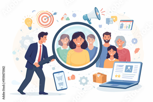Customer Centric Marketing Strategy and Target Audience Research Illustration. Businessman Using Magnifying Glass to Identify Ideal Consumer Persona for UX Design, Advertising, and Sales.