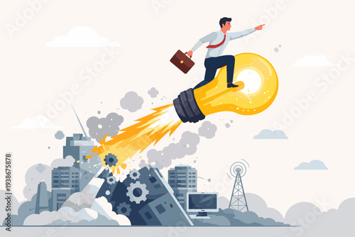 Disruptive Innovation Concept with Businessman Riding a Lightbulb Rocket to Launch a New Business Startup and Revolutionize the Industry with Creative Ideas and Visionary Leadership Illustration